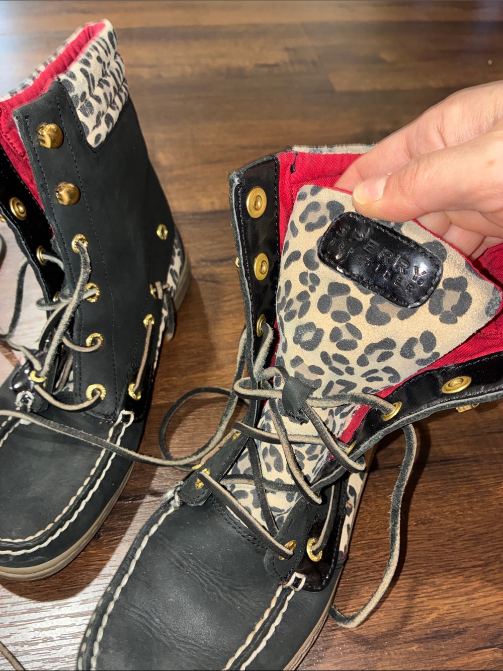 SPERRY TOP-SIDER HIGH TOP BOOTS Black LEOPARD Leather Lace-Up SZ 7.5 - Picture 4 of 8
